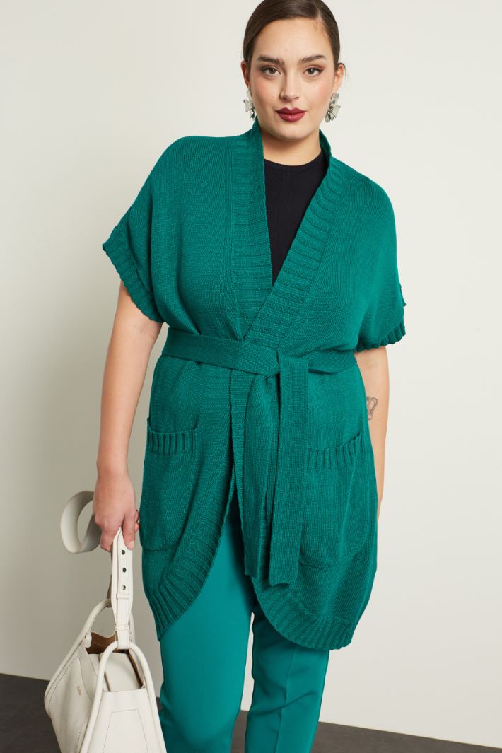 Cardigan in cotone con cintura - VERDE SMERALDO - Fashion Market - 2
