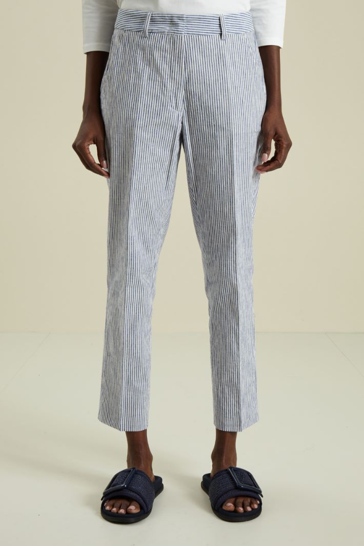 Pantaloni in cotone e lino - BIANCO BLU - Fashion Market - 2