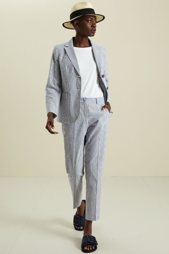 Pantaloni in cotone e lino - BIANCO BLU - Fashion Market