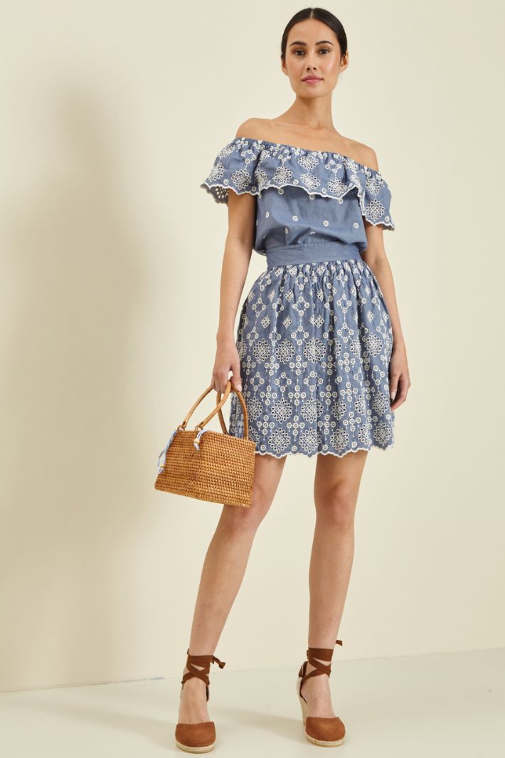 Gonna in sangallo di cotone - BLU DENIM BIANCO - Fashion Market