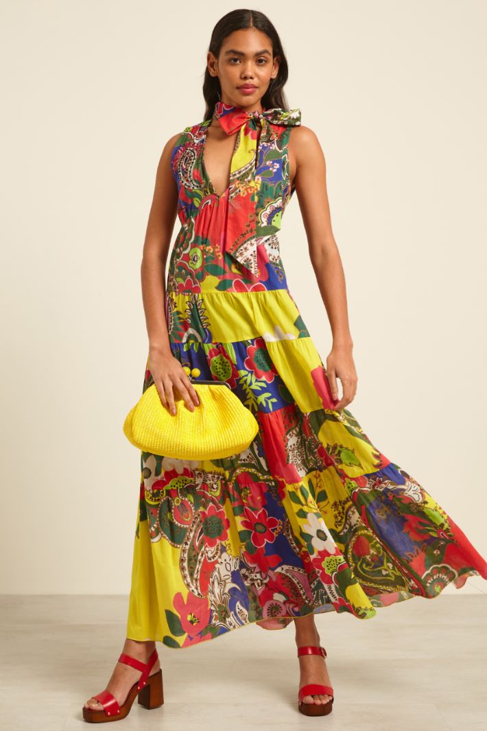 Abito con collo a foulard - GIALLO VERDE ROSA - Fashion Market