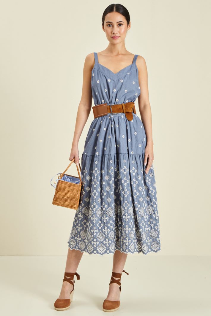 Abito a balze in sangallo - BLU DENIM BIANCO - Fashion Market