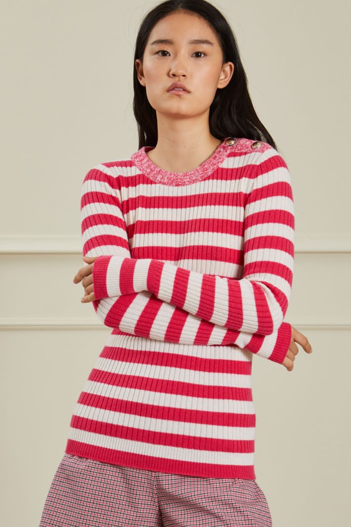 Maglia a coste con bottoni - FUCSIA BIANCO - Fashion Market - 2