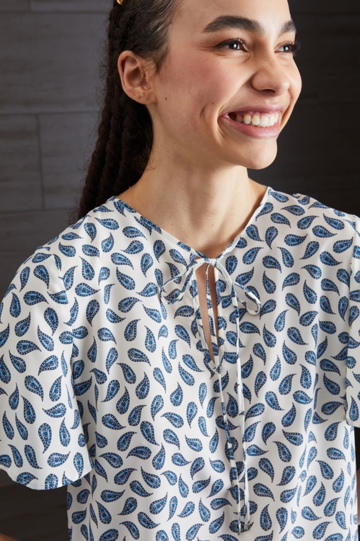 Blusa in crépe de chine - BIANCO AZZURRO - Fashion Market - 3