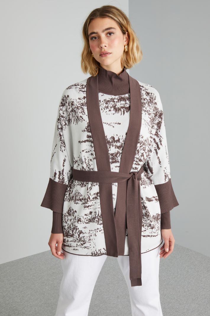 Cardigan in viscosa con cintura - MARRONE BIANCO - Fashion Market - 2