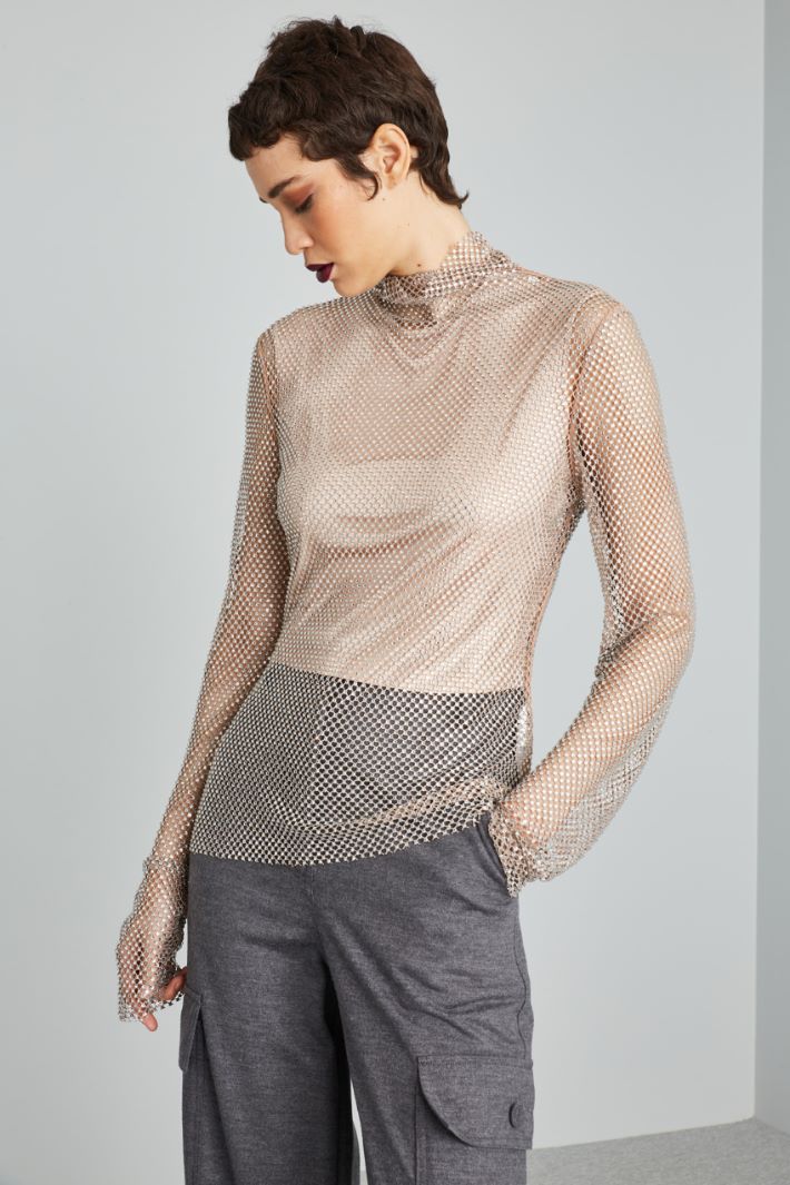 Top in rete con strass - ROSA PALLIDO ARGENTO - Fashion Market - 2