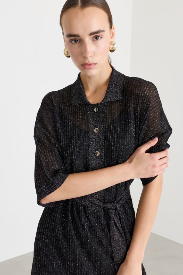 Abito chemisier in maglia leggera laminata - NERO - Fashion Market - 3