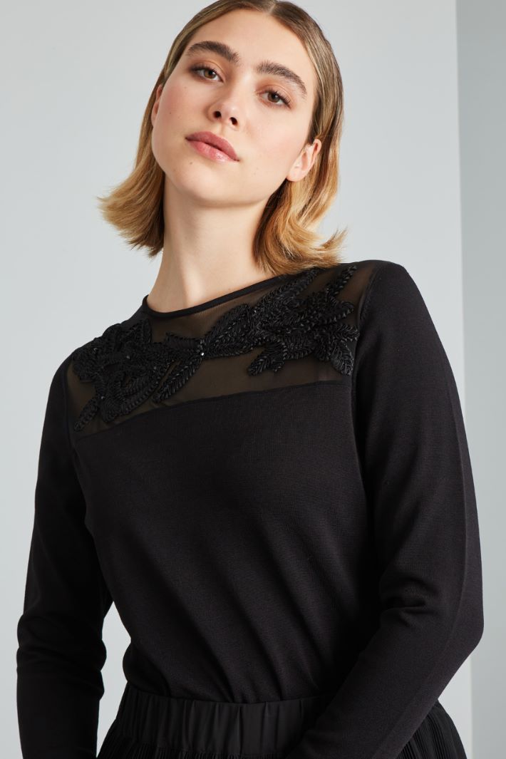 Maglia con tulle ricamato - NERO - Fashion Market - 3