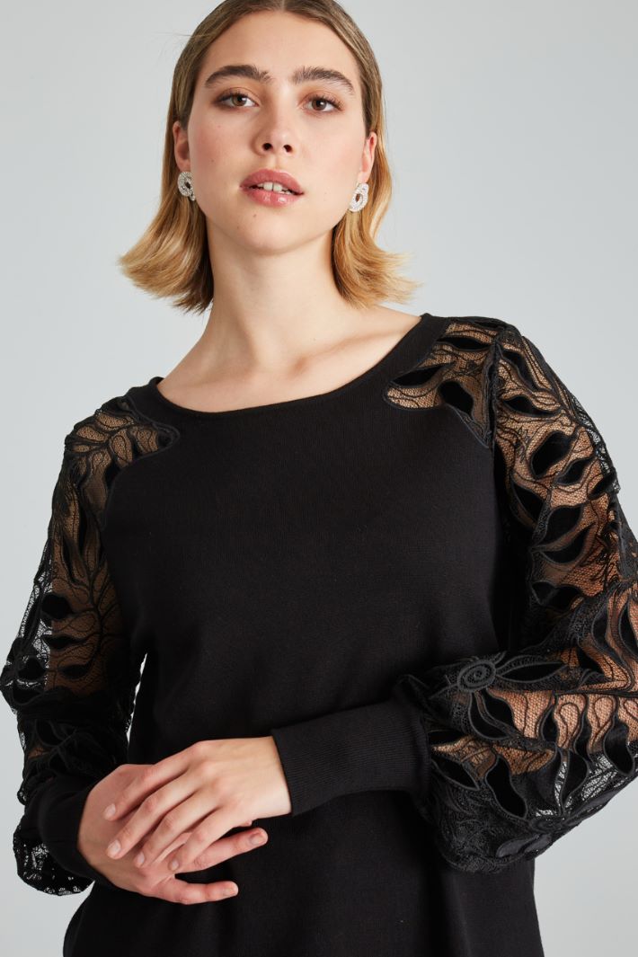 Maglia con maniche in pizzo - NERO - Fashion Market - 3