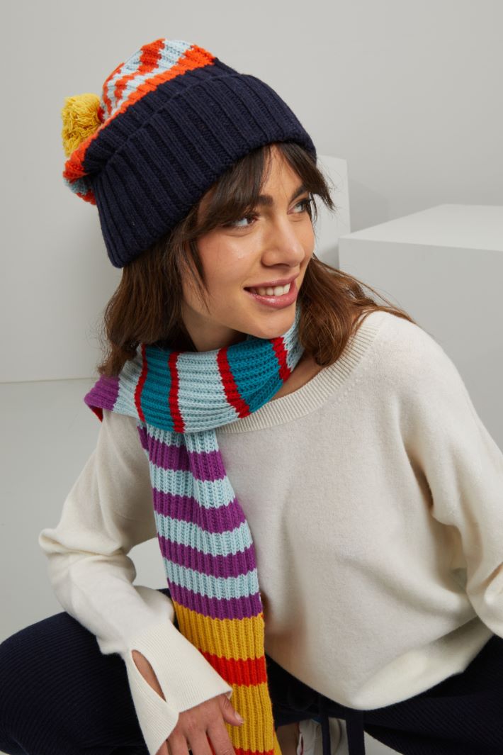 Cuffia in lana con pon pon - BLU ARANCIONE AZZURRO - Fashion Market