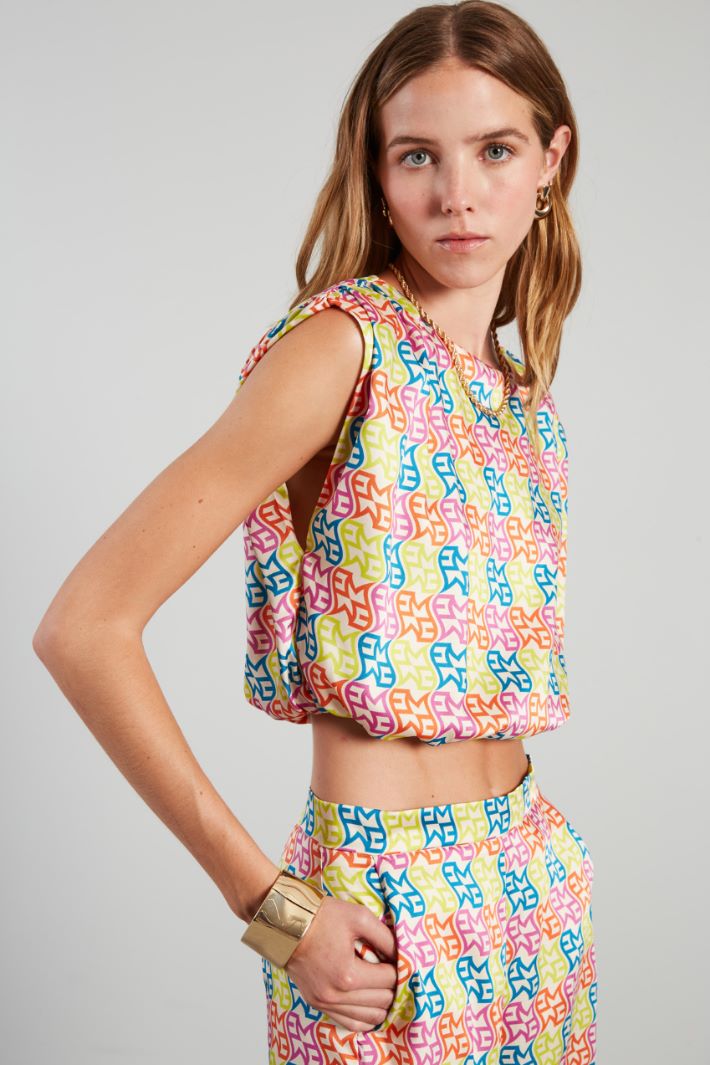 Top in twill con arricciature - AZZURRO ARANCIONE AVORIO - Fashion Market - 2