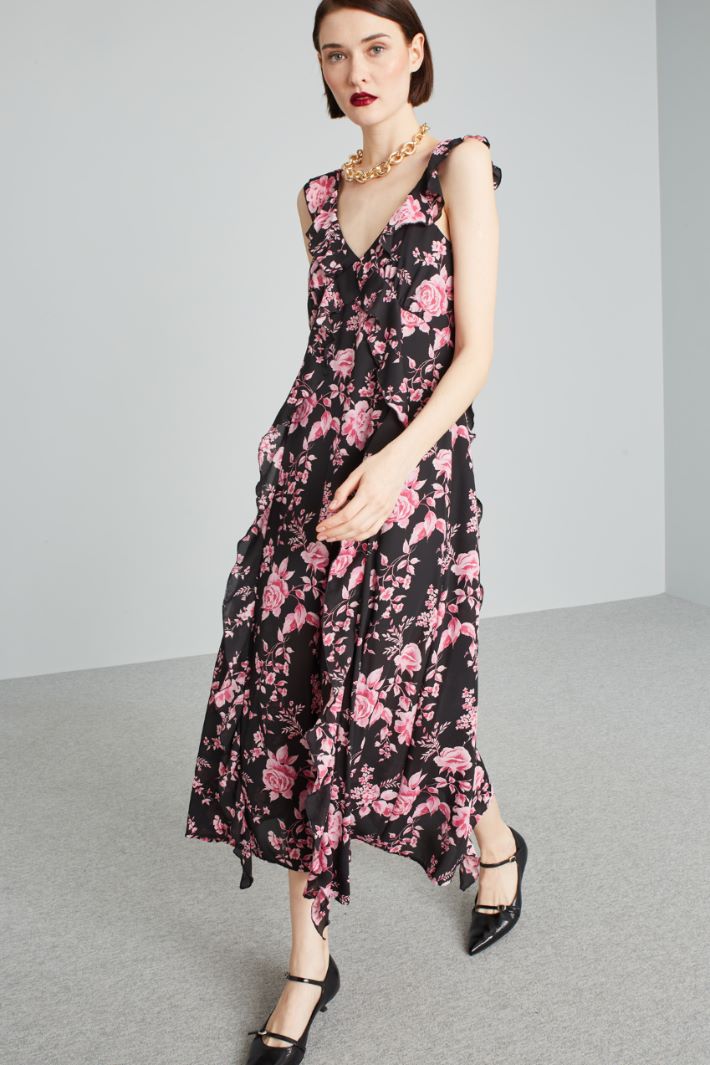 Abito lungo con volant  - NERO ROSA FUCSIA - Fashion Market - 2
