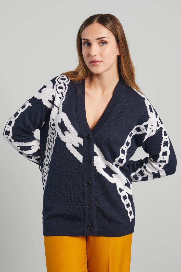 Cardigan in lana jacquard - BLU NOTTE BIANCO - Fashion Market - 2