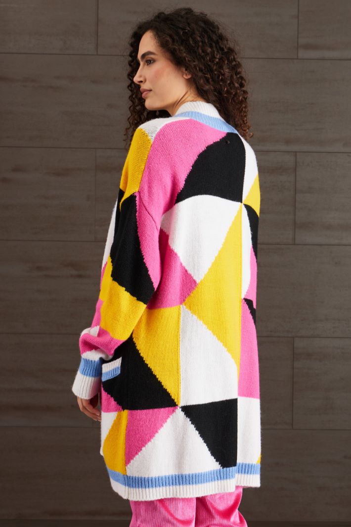 Cardigan lana a intarsio - GIALLO FUCSIA NERO - Fashion Market - 4