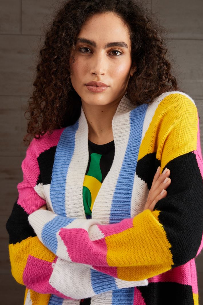 Cardigan lana a intarsio - GIALLO FUCSIA NERO - Fashion Market - 3