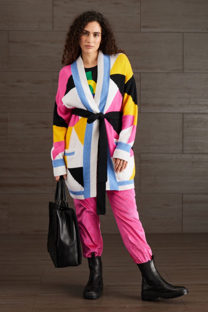 Cardigan lana a intarsio - GIALLO FUCSIA NERO - Fashion Market