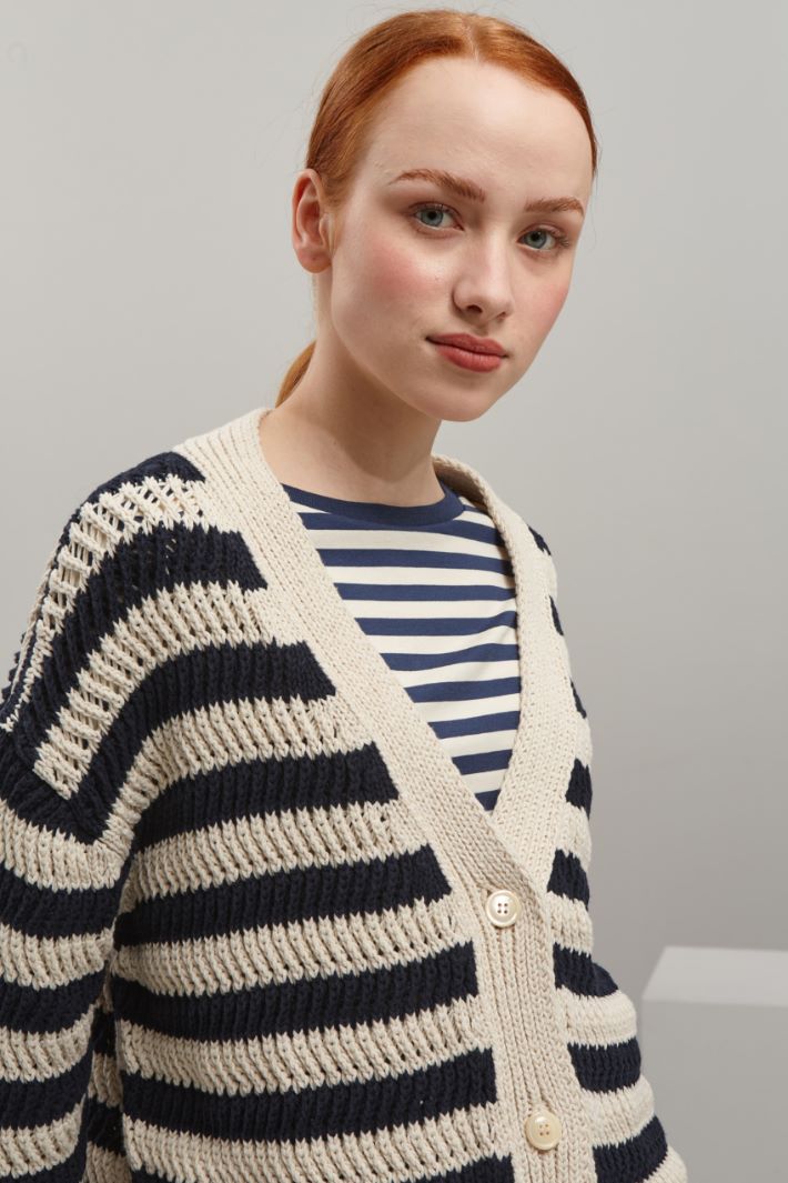 Cardigan in cotone tinto filo - BLU NOTTE ECRU - Fashion Market - 3