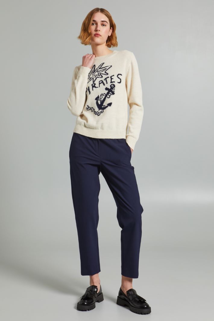 Maglia girocollo con intarsio - AVORIO BLU - Fashion Market
