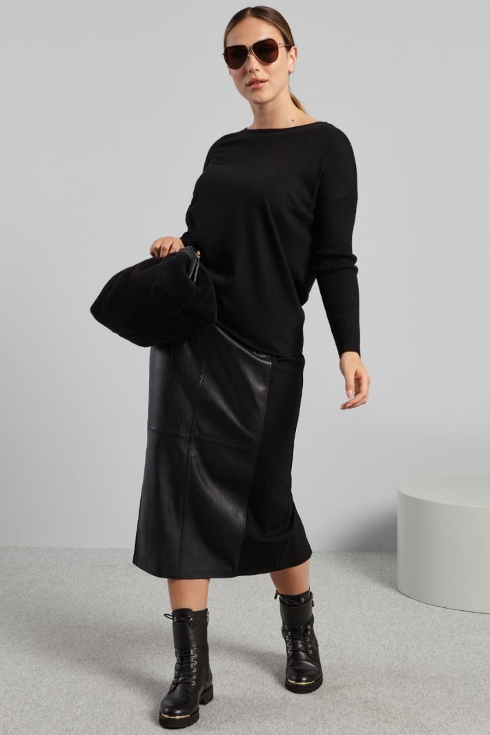 Gonna in jersey e similpelle - NERO - Fashion Market