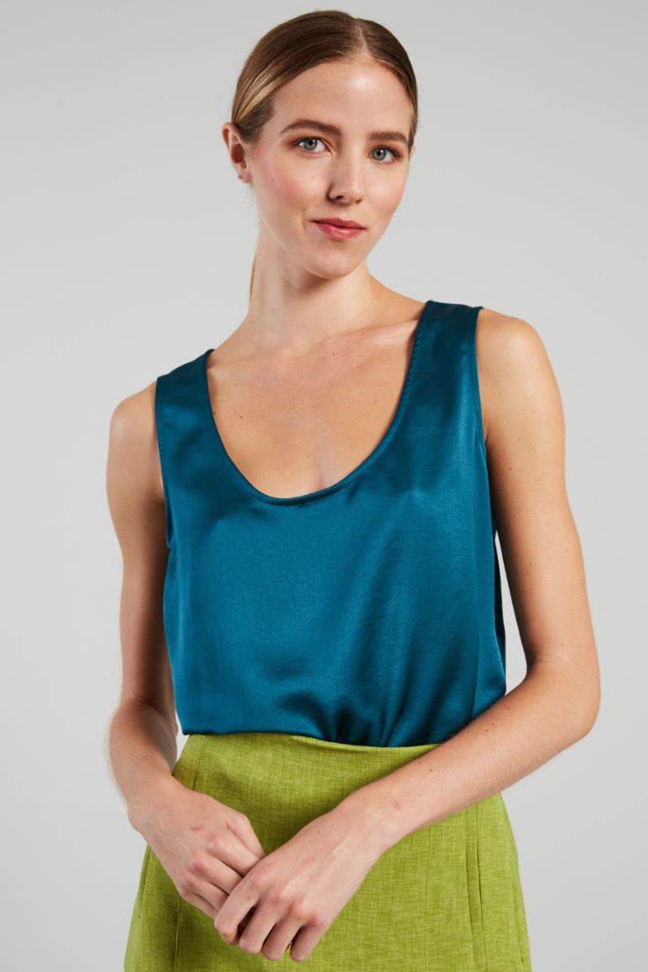 Top smanicato in raso e jersey - PETROLIO - Fashion Market - 3