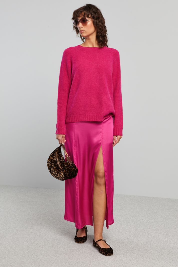 Gonna lunga in raso con spacco - FUCSIA - Fashion Market