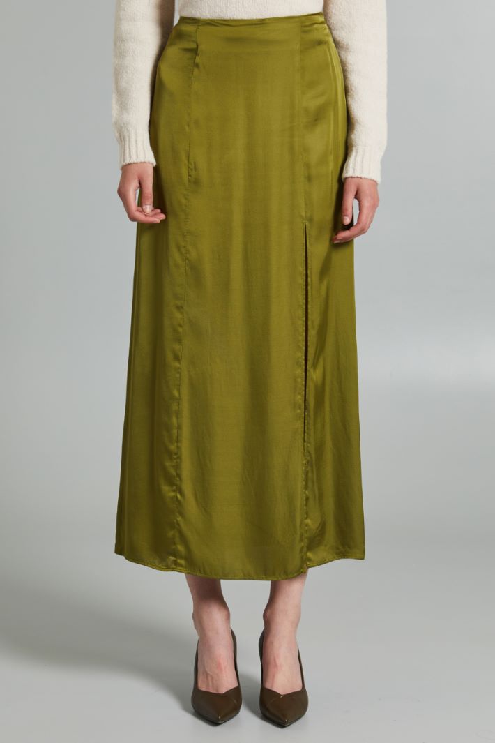 Gonna lunga in raso con spacco - VERDE OLIVA - Fashion Market - 2