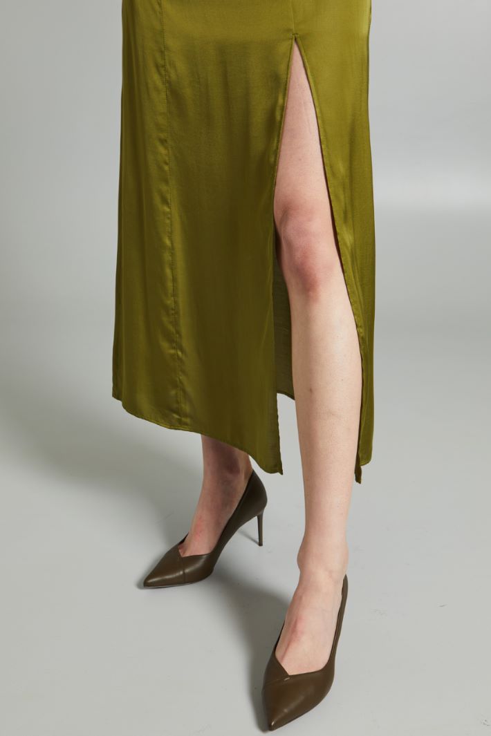 Gonna lunga in raso con spacco - VERDE OLIVA - Fashion Market - 3