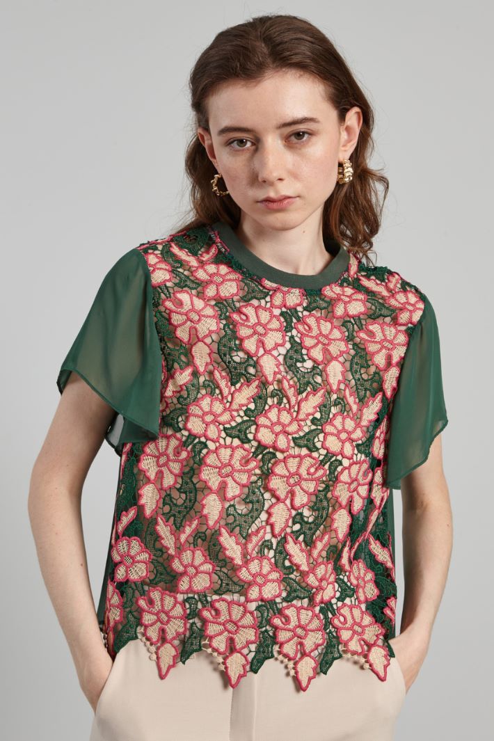 Top in pizzo e georgette - VERDE FUCSIA - Fashion Market - 2