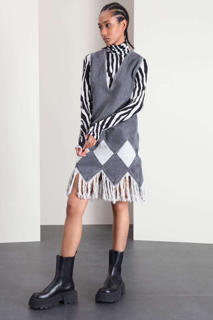 Abito smanicato con frange - GRIGIO - Fashion Market