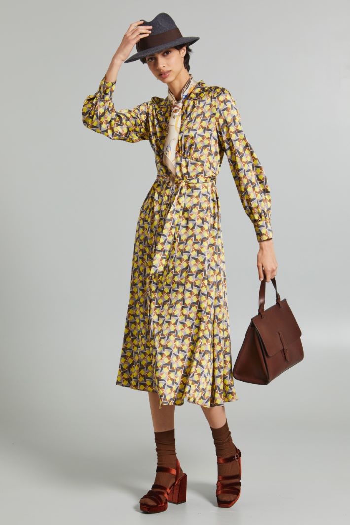 Chemisier stampato con fusciacca - GIALLO GRIGIO MARRONE - Fashion Market