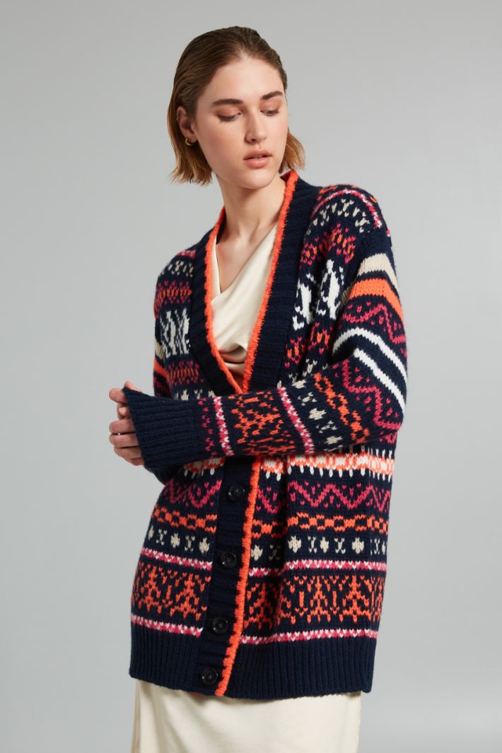 Cardigan over con intarsio - BLU ARANCIONE FUCSIA - Fashion Market - 2