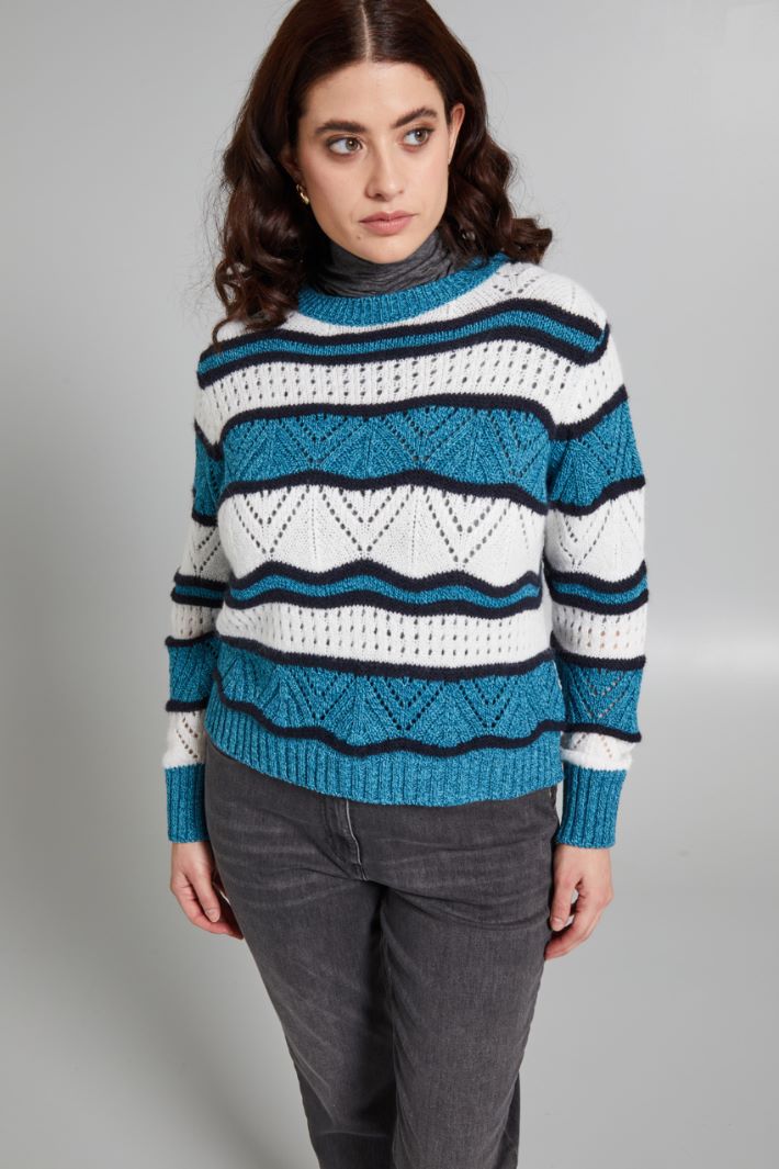 Maglia traforata in lana - PETROLIO BLU BIANCO - Fashion Market - 2