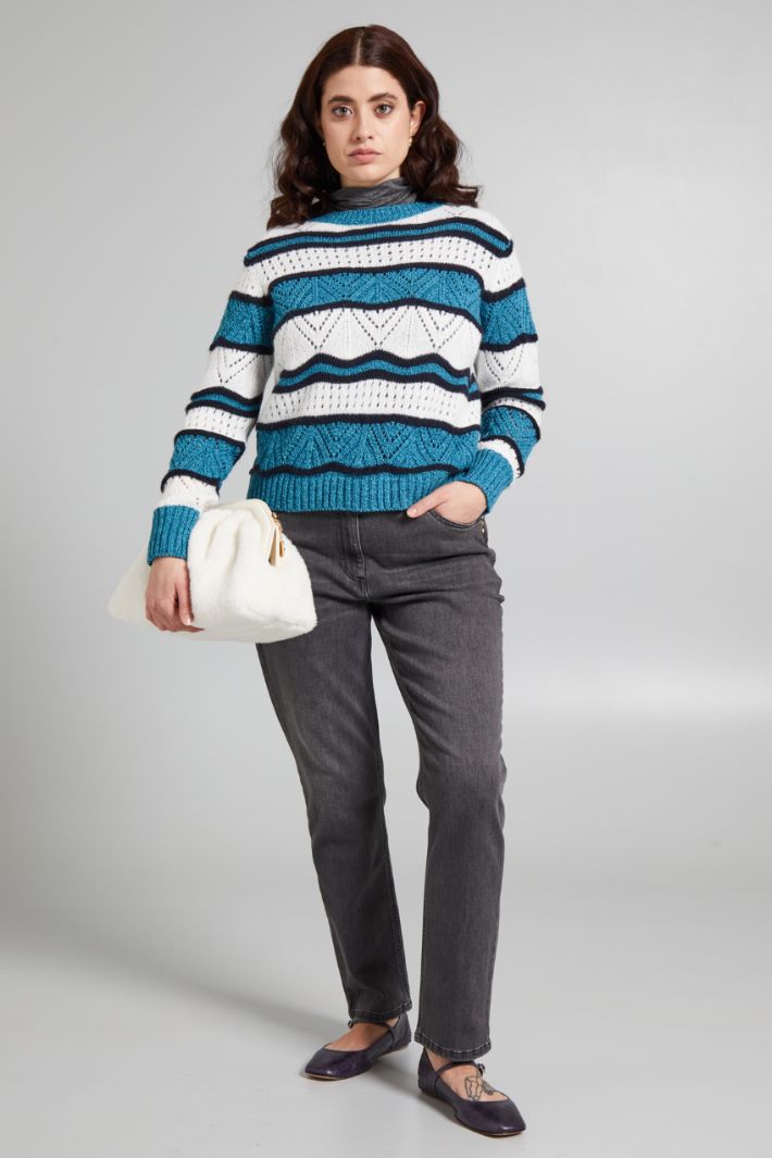 Maglia traforata in lana - PETROLIO BLU BIANCO - Fashion Market