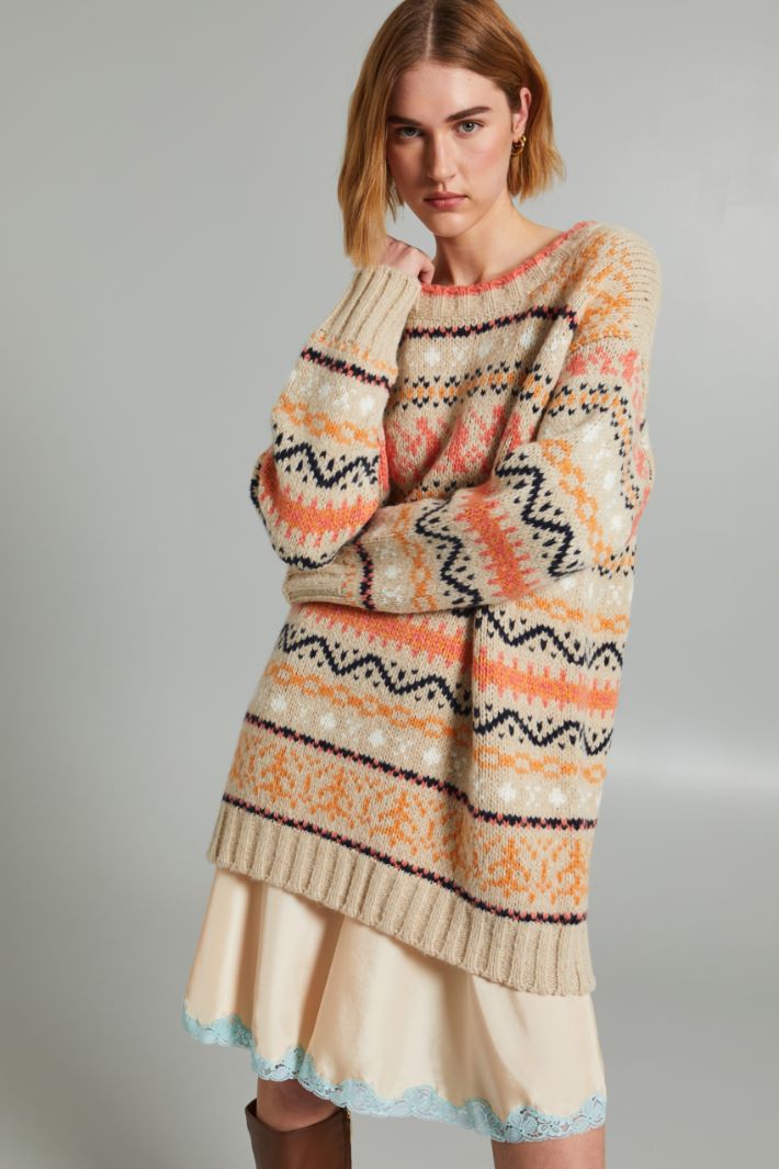 Maglia lunga con intarsio - BEIGE ARANCIONE ROSA - Fashion Market - 2