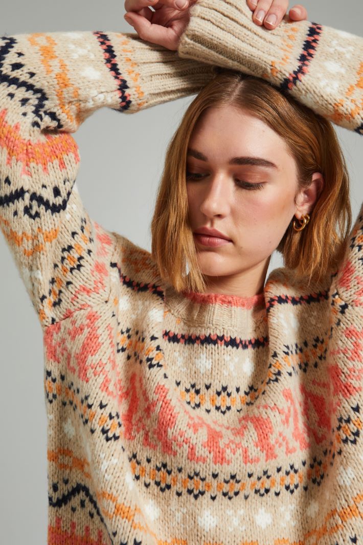 Maglia lunga con intarsio - BEIGE ARANCIONE ROSA - Fashion Market - 3