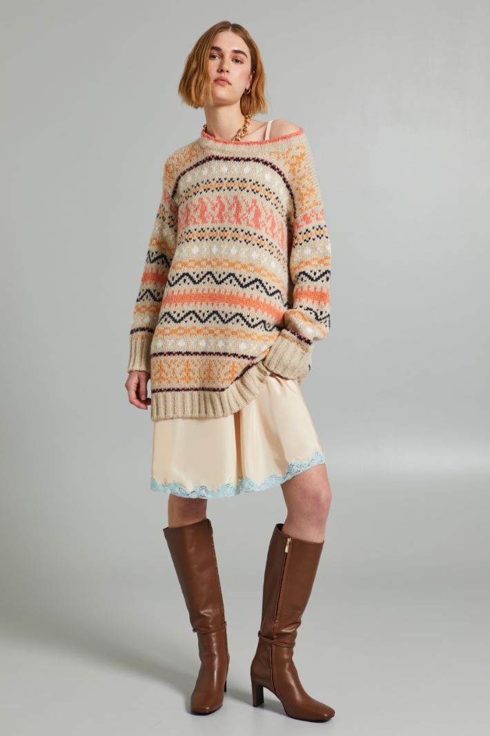 Maglia lunga con intarsio - BEIGE ARANCIONE ROSA - Fashion Market