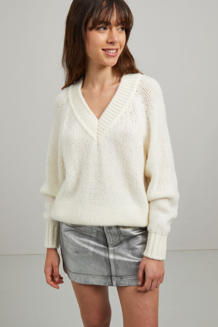 Maglia in lana con scollo a V - PANNA - Fashion Market - 4
