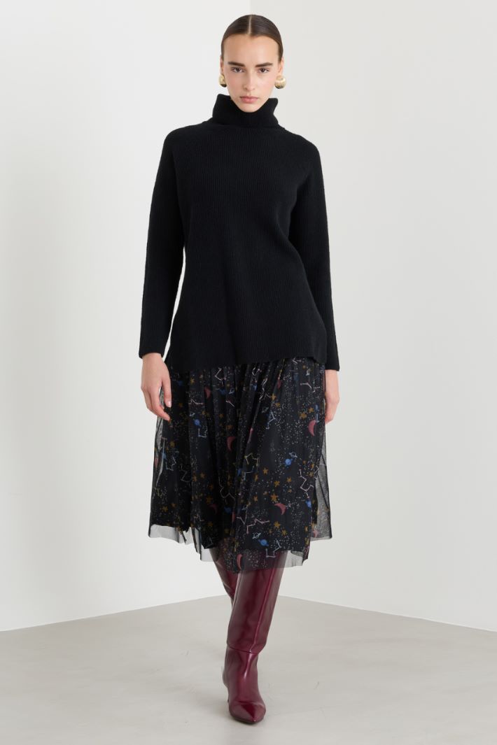 Gonna svasata in jersey tulle stampato - NERO - Fashion Market