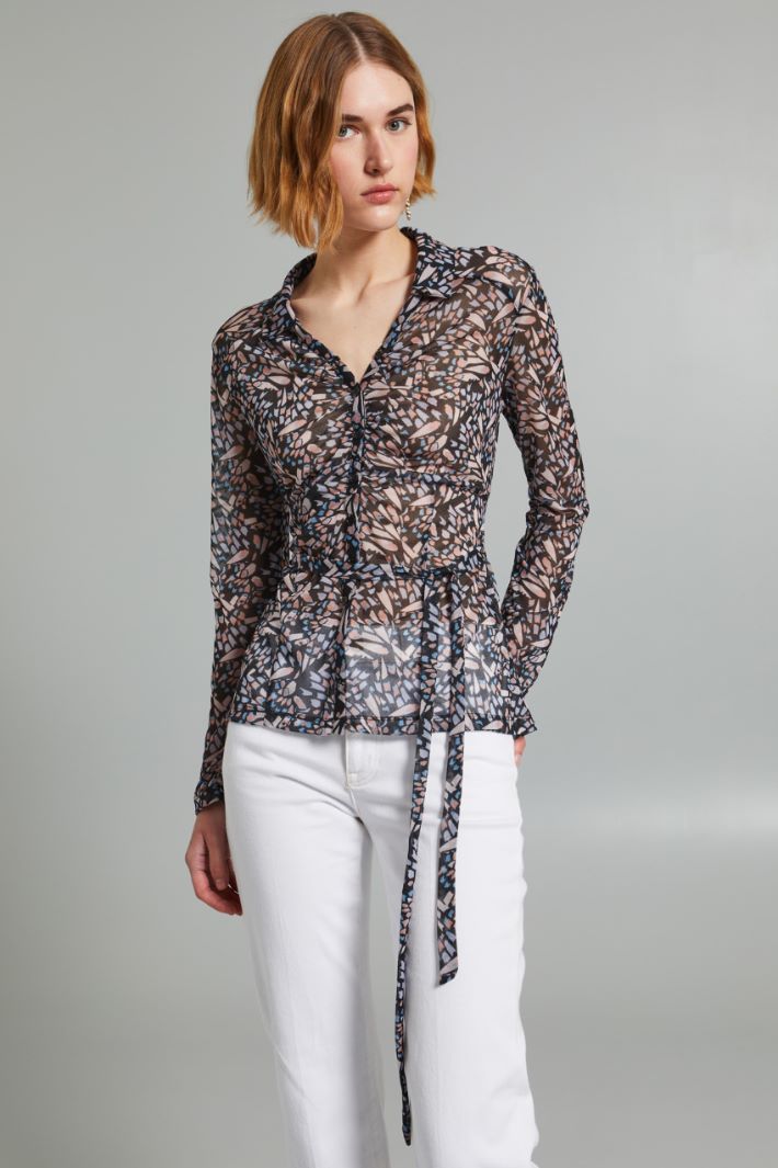 Blusa aderente in jersey tulle - NERO ROSA AZZURRO - Fashion Market - 2