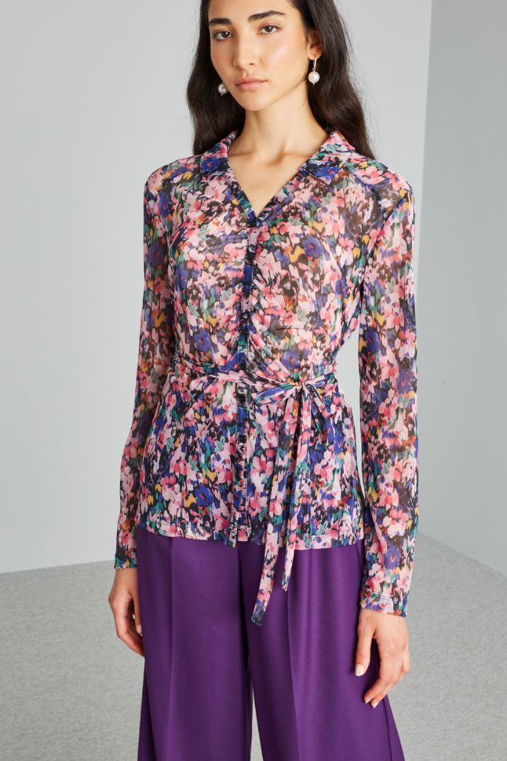 Blusa aderente in jersey tulle - ROSA VIOLA NERO - Fashion Market - 2