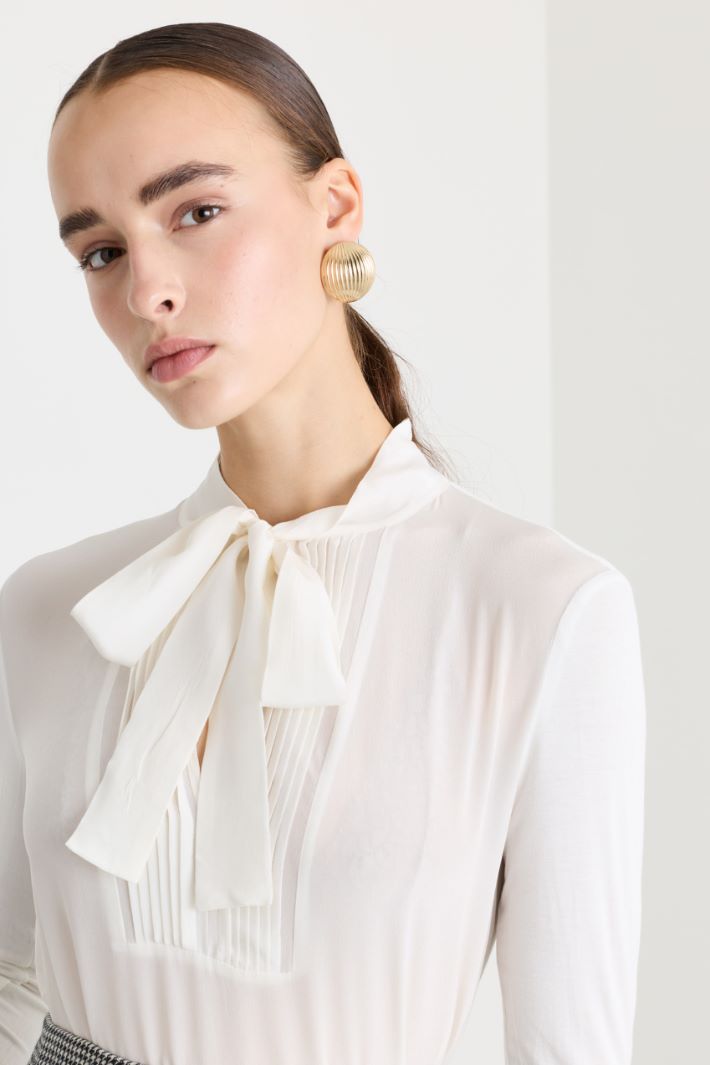 Blusa in jersey con collo a foulard - BIANCO - Fashion Market - 3