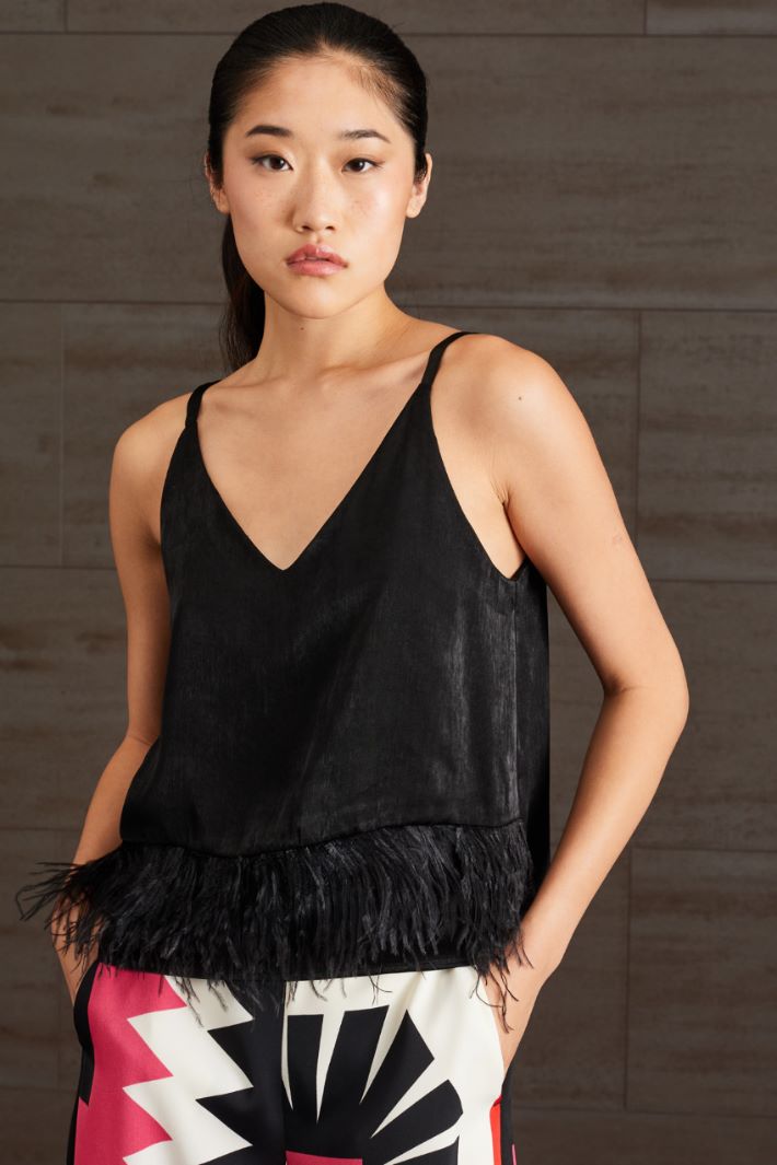 Top in raso con piume - NERO - Fashion Market - 2