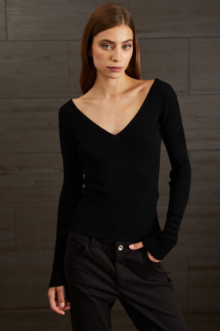 Maglia con scollo a V - NERO - Fashion Market - 3