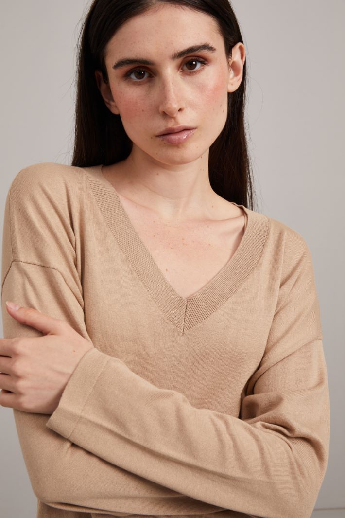 Maglia con scollo a V - BEIGE - Fashion Market - 3
