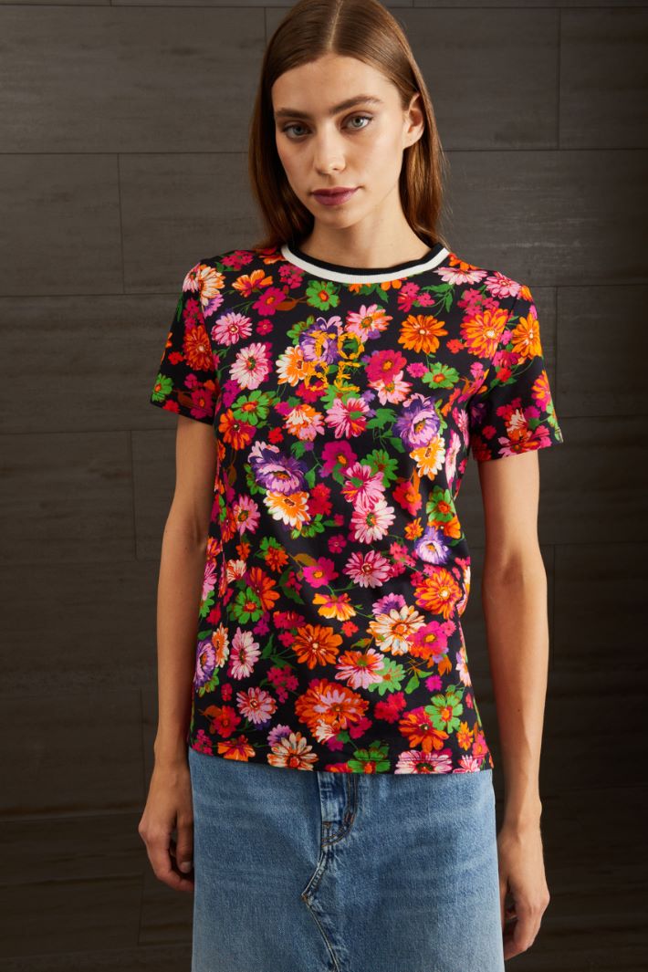 T-shirt in cotone ricamato - NERO ARANCIONE ROSA - Fashion Market - 2