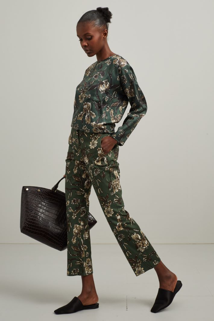 Pantaloni in raso stampato - VERDE BOTTIGLIA MARRONE - Fashion Market