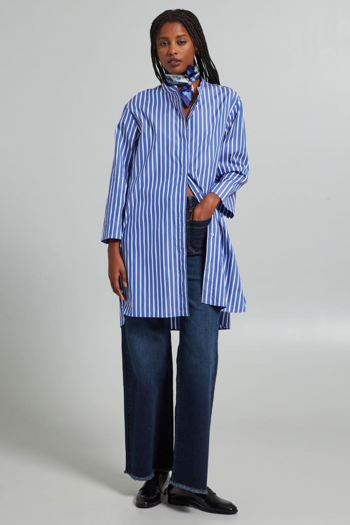 Casacca lunga in popeline - AZZURRO BIANCO - Fashion Market