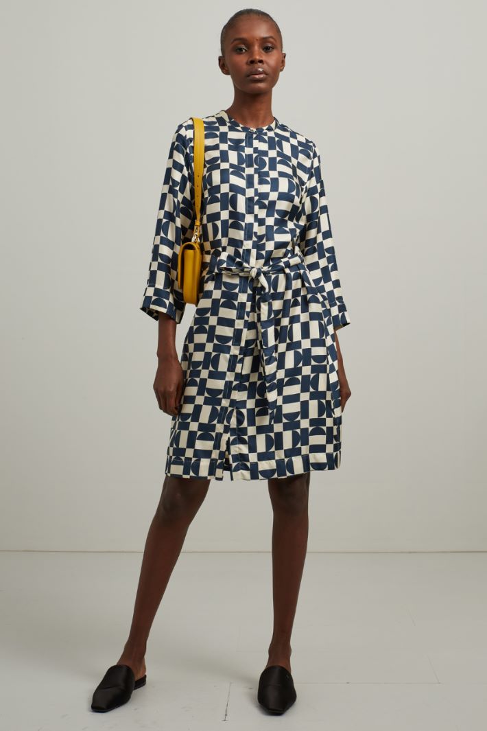 Abito corto in twill di seta - BLU SCURO BIANCO - Fashion Market