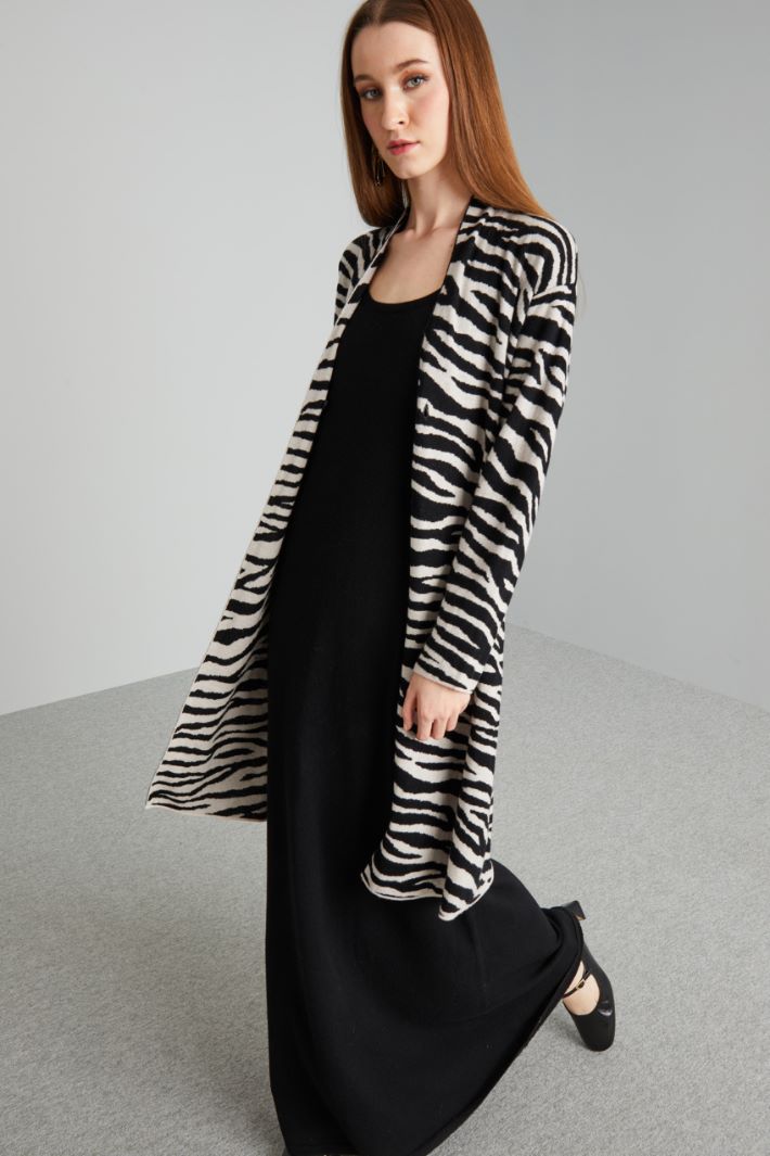Cardigan jacquard con cintura - NERO BEIGE - Fashion Market - 2