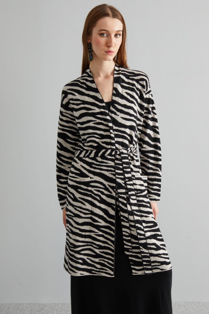 Cardigan jacquard con cintura - NERO BEIGE - Fashion Market - 3